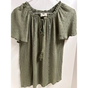 Ember‎ Olive Green Swiss Dot Tassel Tie Flutter Sleeve Top - Women's Small